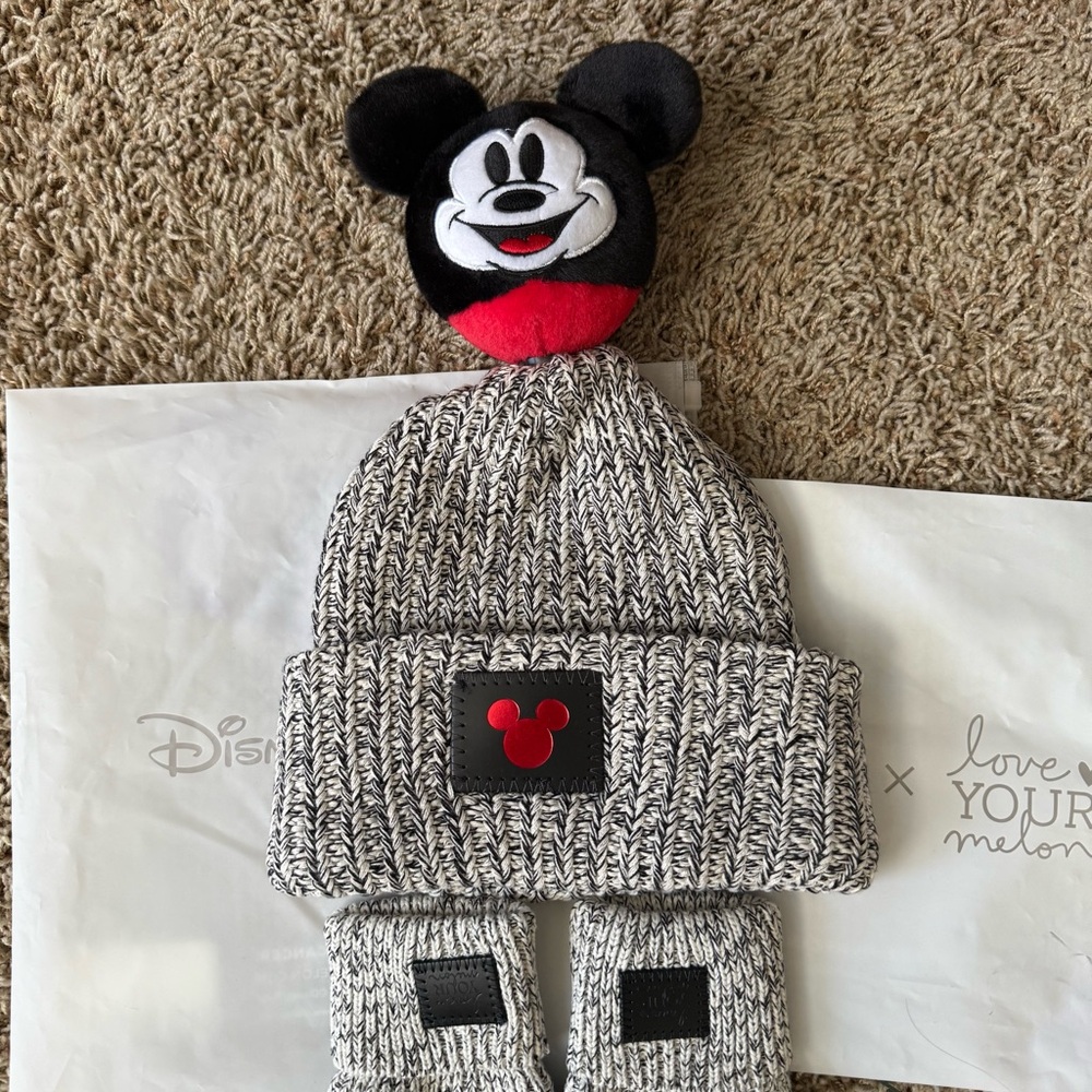 Disney x love Your Melon Mickey Mouse Knit Hat and Mittens - Black and White
